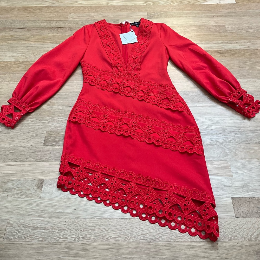 Missguided Red Crochet Lace Plunging Mini Dress